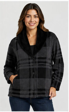 BAREFOOT DREAMS BLACK GRAY PLAID COZYCHIC SHEARLING CARDIGAN SWEATER JACKET SZ S